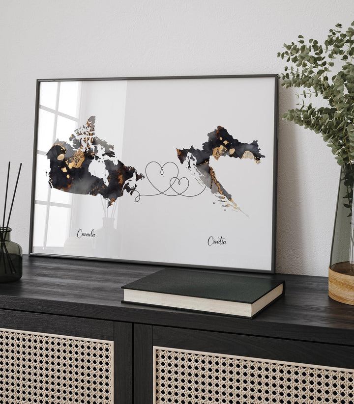 Canada and Croatia Map Black & Gold Travel Wall Art Print | Canadian | Minimalist Decor | International Travel Art