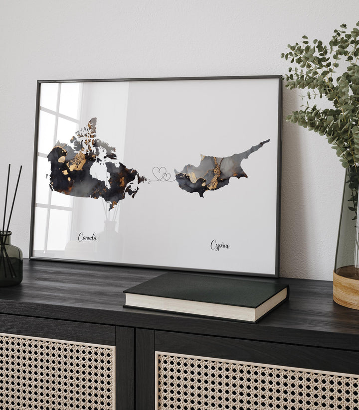 Canada and Cyprus Map Black & Gold Travel Wall Art Print | Canadian | Minimalist Decor | International Travel Art