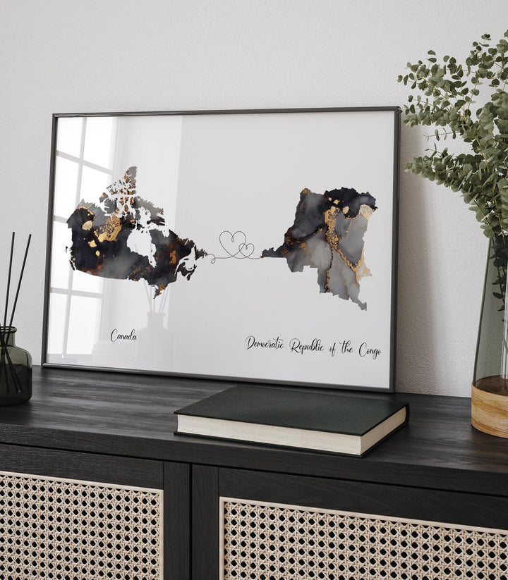 Canada and Democratic Republic of the Congo Map Black & Gold Travel Wall Art Print | Canadian | Minimalist Decor | International Travel Art