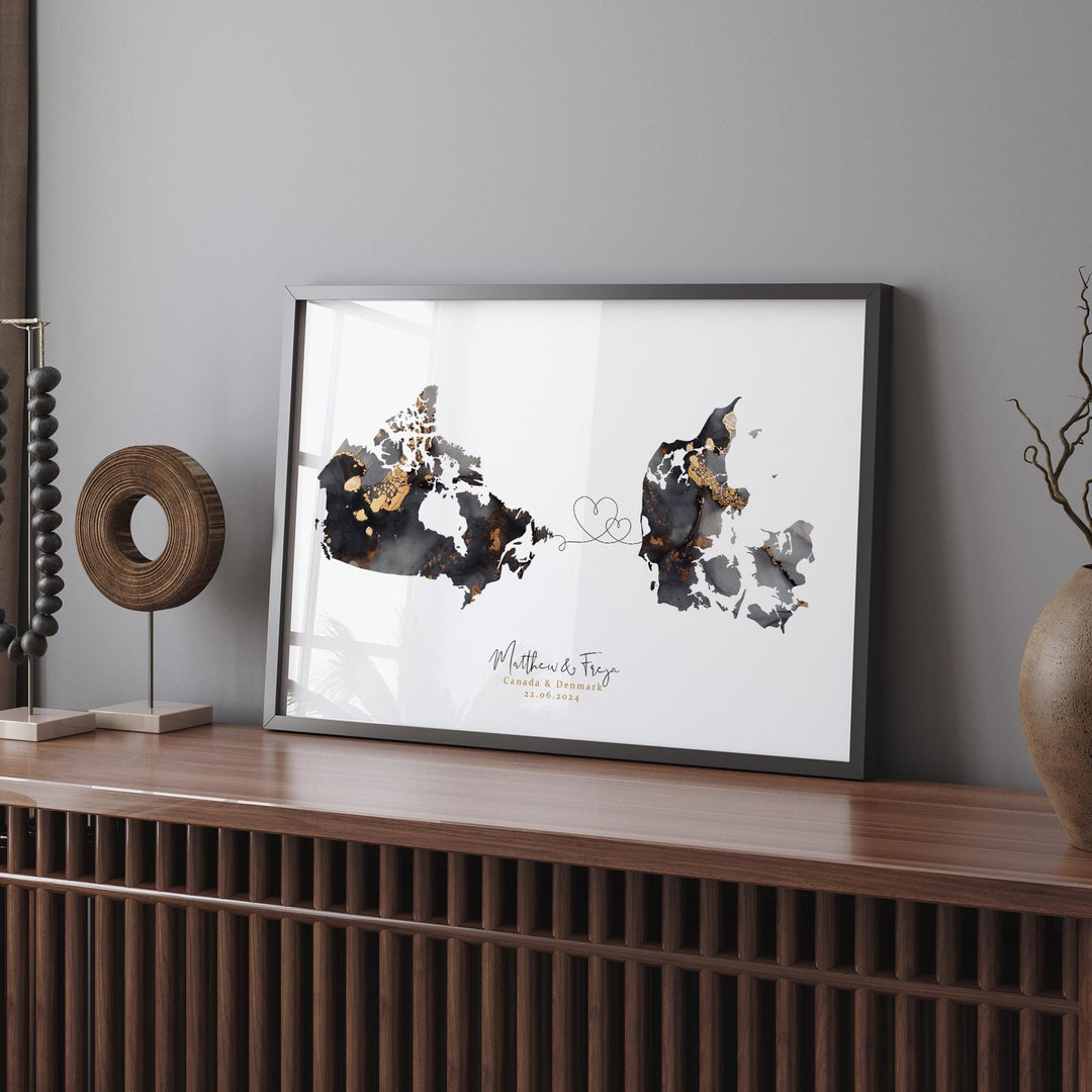 Canada and Denmark Map Black & Gold Travel Wall Art Print | Canadian | Minimalist Decor | International Travel Art