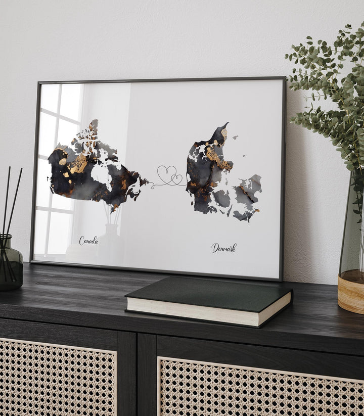 Canada and Denmark Map Black & Gold Travel Wall Art Print | Canadian | Minimalist Decor | International Travel Art