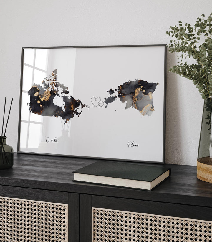 Canada and Estonia Map Black & Gold Travel Wall Art Print | Canadian | Minimalist Decor | International Travel Art