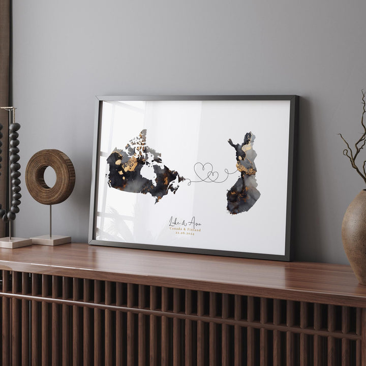 Canada and Finland Map Black & Gold Travel Wall Art Print | Canadian | Minimalist Decor | International Travel Art