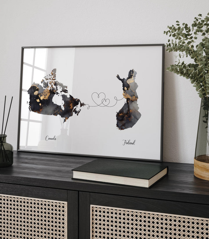 Canada and Finland Map Black & Gold Travel Wall Art Print | Canadian | Minimalist Decor | International Travel Art