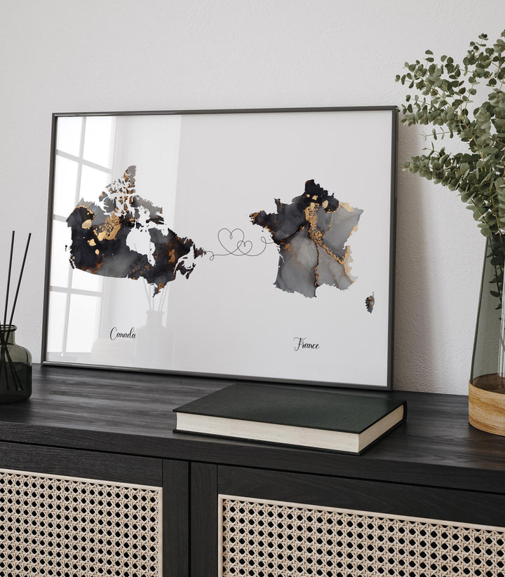 Canada and France Map Black & Gold Travel Wall Art Print | Canadian | Minimalist Decor | International Travel Art