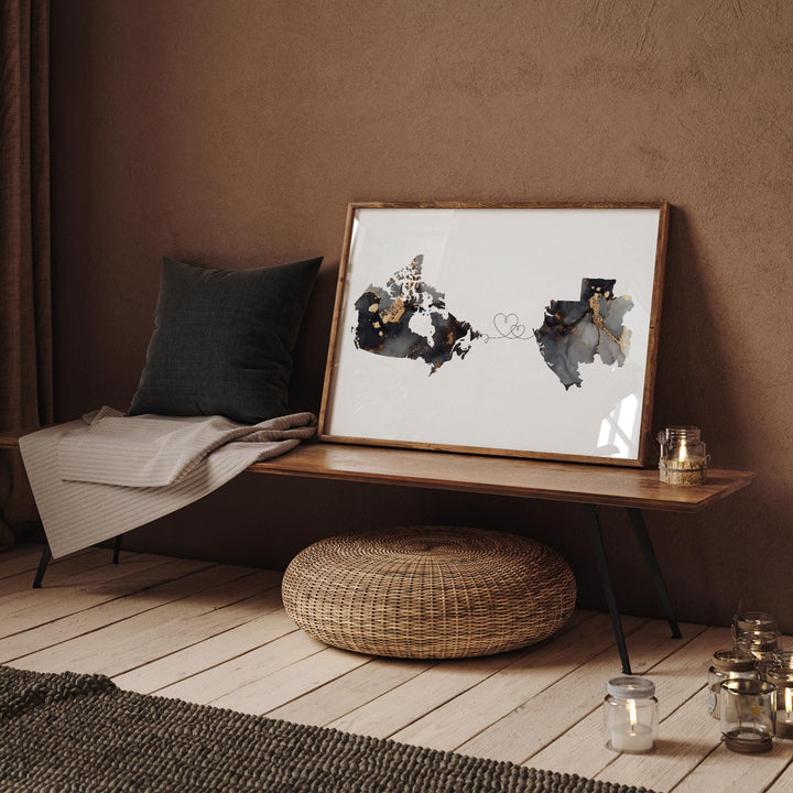 Canada and Gabon Map Black & Gold Travel Wall Art Print | Canadian | Minimalist Decor | International Travel Art