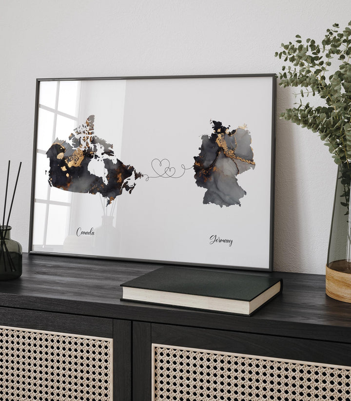 Canada and Germany Map Black & Gold Travel Wall Art Print | Canadian | Minimalist Decor | International Travel Art