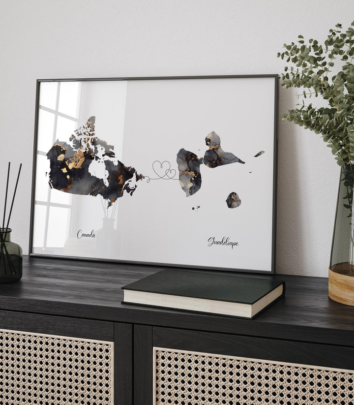Canada and Guadeloupe Map Black & Gold Travel Wall Art Print | Canadian | Minimalist Decor | International Travel Art