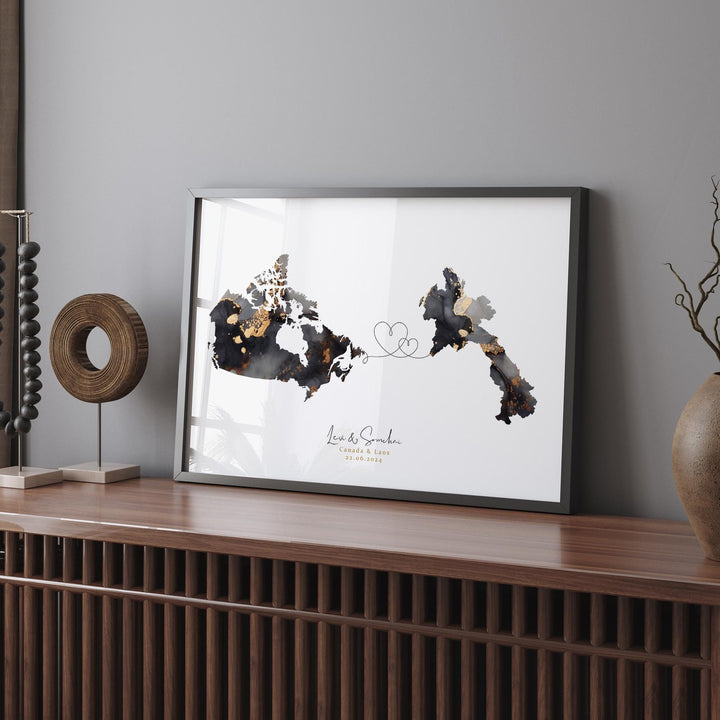 Canada and Laos Map Black & Gold Travel Wall Art Print | Canadian | Minimalist Decor | International Travel Art