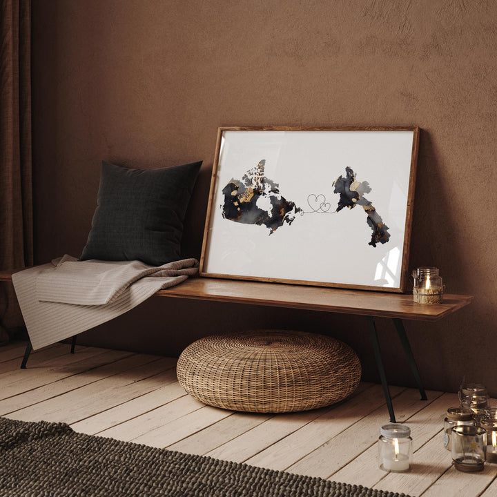 Canada and Laos Map Black & Gold Travel Wall Art Print | Canadian | Minimalist Decor | International Travel Art