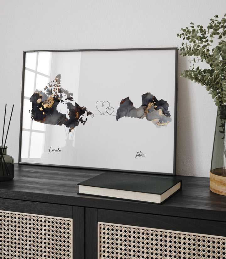 Canada and Latvia Map Black & Gold Travel Wall Art Print | Canadian | Minimalist Decor | International Travel Art