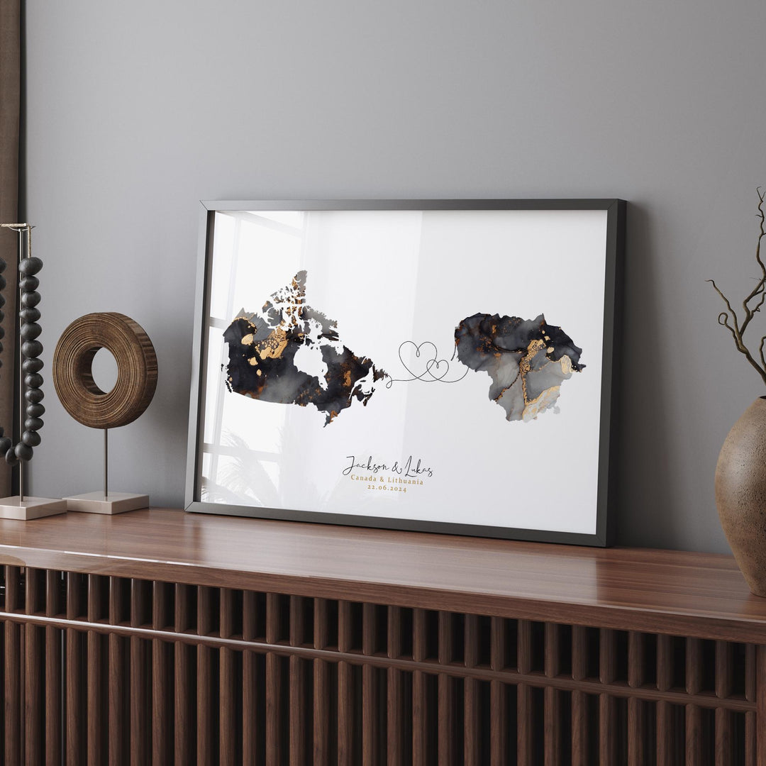 Canada and Lithuania Map Black & Gold Travel Wall Art Print | Canadian | Minimalist Decor | International Travel Art