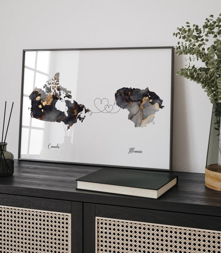 Canada and Lithuania Map Black & Gold Travel Wall Art Print | Canadian | Minimalist Decor | International Travel Art
