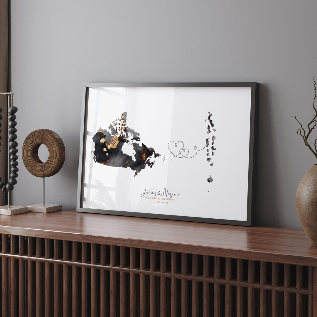 Canada and Maldives Map Black & Gold Travel Wall Art Print | Canadian | Minimalist Decor | International Travel Art