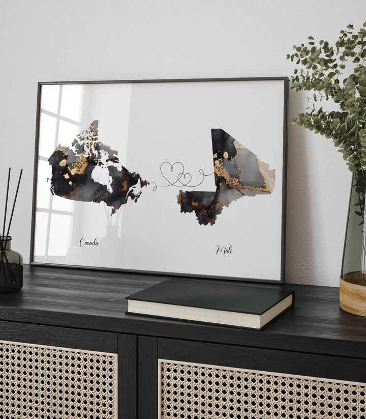 Canada and Mali Map Black & Gold Travel Wall Art Print | Canadian | Minimalist Decor | International Travel Art