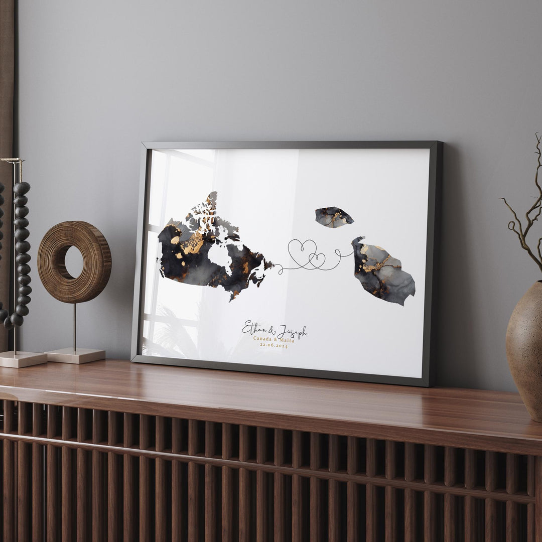 Canada and Malta Map Black & Gold Travel Wall Art Print | Canadian | Minimalist Decor | International Travel Art