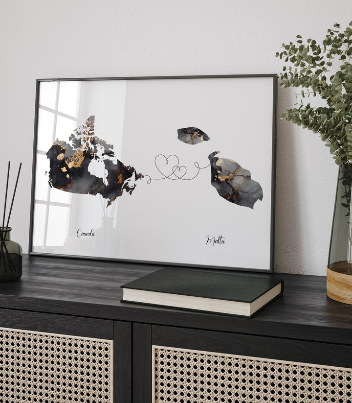 Canada and Malta Map Black & Gold Travel Wall Art Print | Canadian | Minimalist Decor | International Travel Art