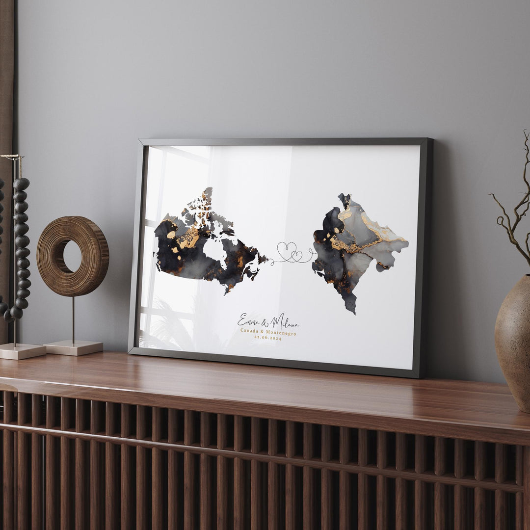 Canada and Montenegro Map Black & Gold Travel Wall Art Print | Canadian | Minimalist Decor | International Travel Art