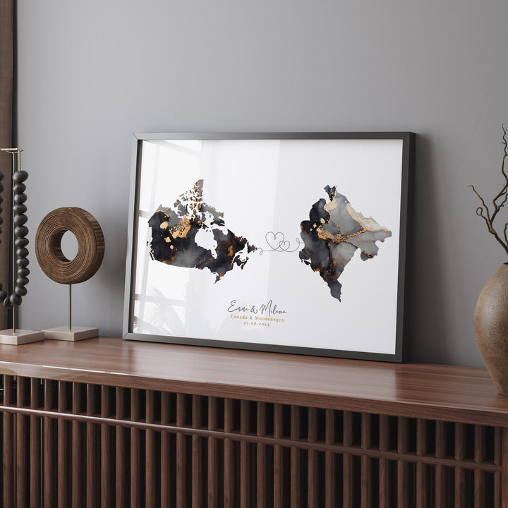 Canada and Montenegro Map Black & Gold Travel Wall Art Print | Canadian | Minimalist Decor | International Travel Art