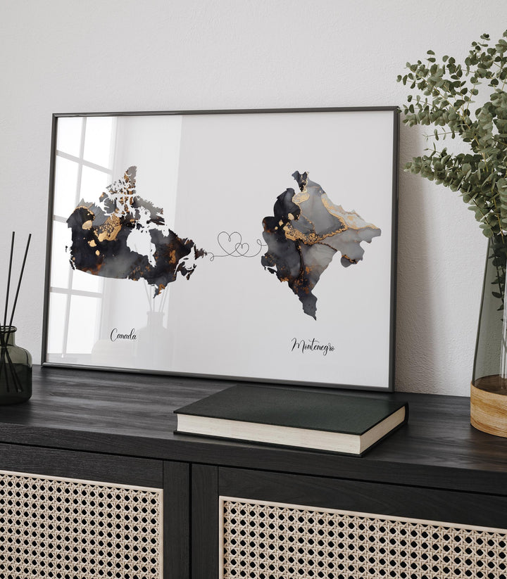 Canada and Montenegro Map Black & Gold Travel Wall Art Print | Canadian | Minimalist Decor | International Travel Art