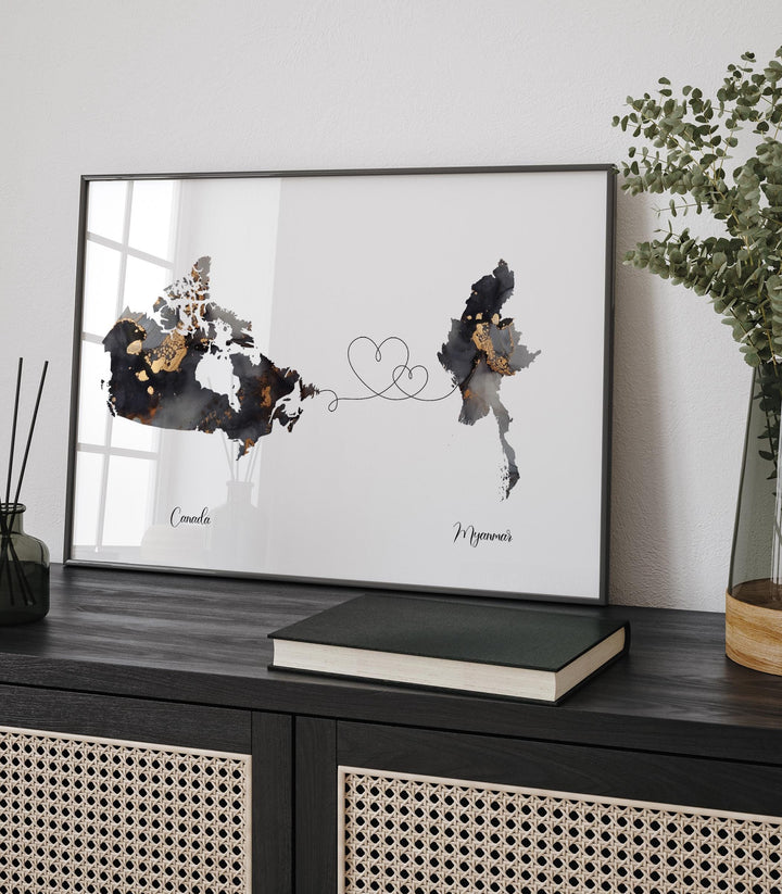 Canada and Myanmar Map Black & Gold Travel Wall Art Print | Canadian | Minimalist Decor | International Travel Art
