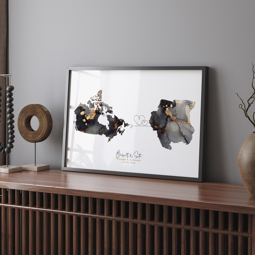 Canada and Suriname Map Black & Gold Travel Wall Art Print | Canadian | Minimalist Decor | International Travel Art