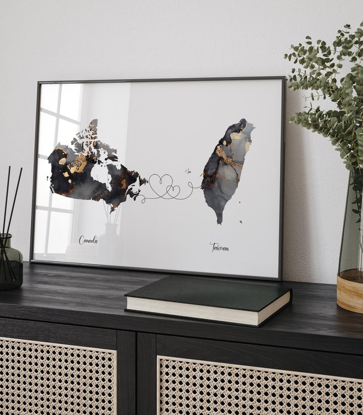Canada and Taiwan Map Black & Gold Travel Wall Art Print | Canadian | Minimalist Decor | International Travel Art