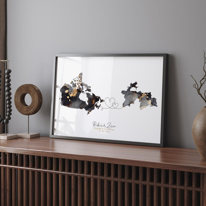 Canada and Tajikistan Map Black & Gold Travel Wall Art Print | Canadian | Minimalist Decor | International Travel Art