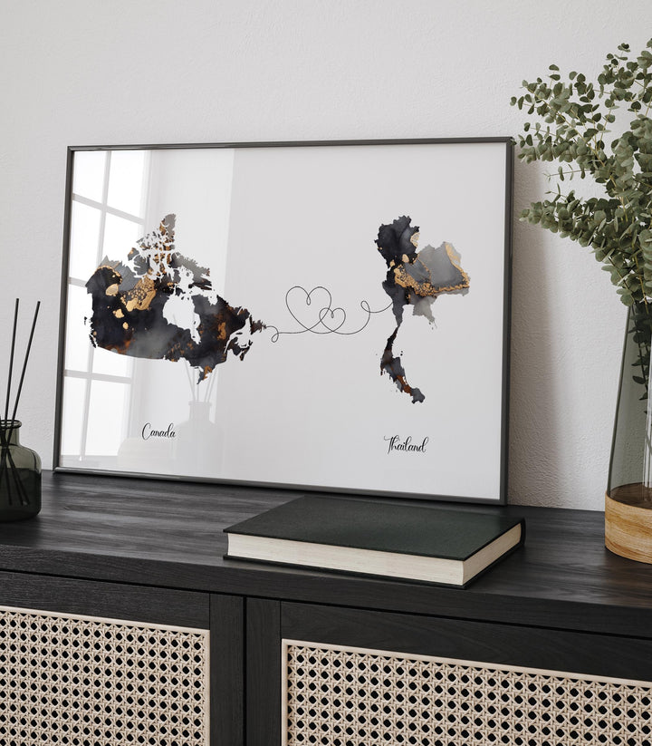 Canada and Thailand Map Black & Gold Travel Wall Art Print | Canadian | Minimalist Decor | International Travel Art