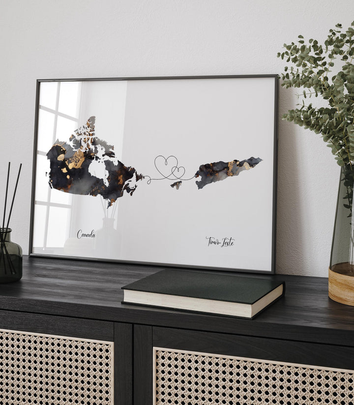 Canada and Timor-Leste Map Black & Gold Travel Wall Art Print | Canadian | Minimalist Decor | International Travel Art