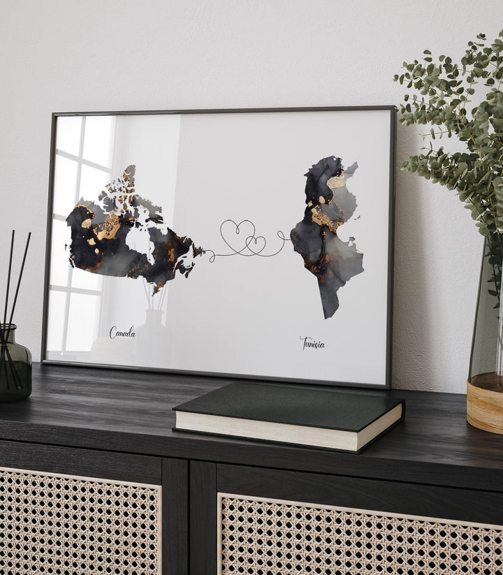 Canada and Tunisia Map Black & Gold Travel Wall Art Print | Canadian | Minimalist Decor | International Travel Art