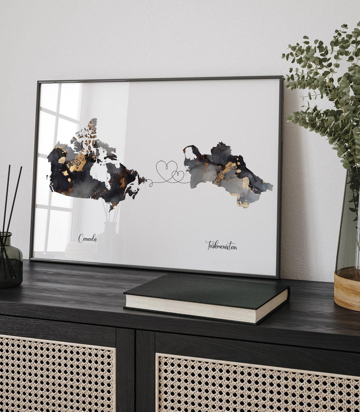 Canada and Turkmenistan Map Black & Gold Travel Wall Art Print | Canadian | Minimalist Decor | International Travel Art