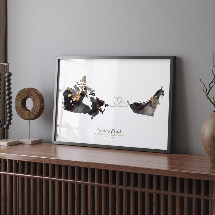 Canada and United Arab Emirates Map Black & Gold Travel Wall Art Print | Canadian | Minimalist Decor | International Travel Art