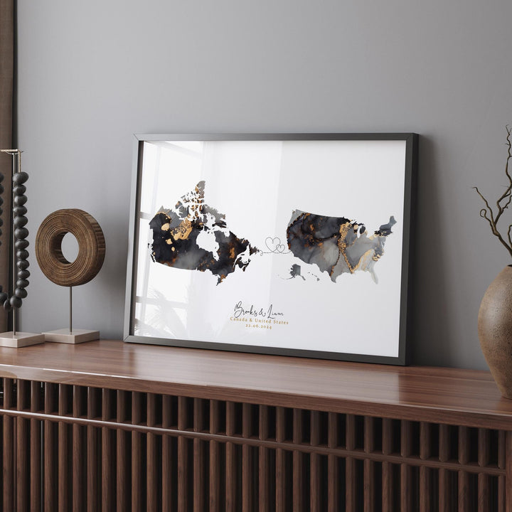 Canada and United states Map Black & Gold Travel Wall Art Print | Canadian | Minimalist Decor | International Travel Art