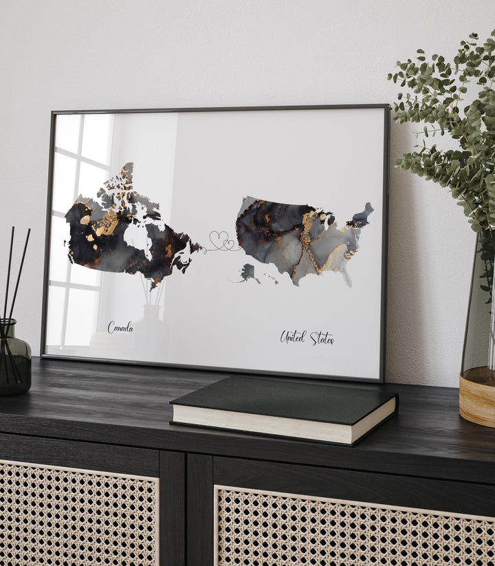 Canada and United states Map Black & Gold Travel Wall Art Print | Canadian | Minimalist Decor | International Travel Art