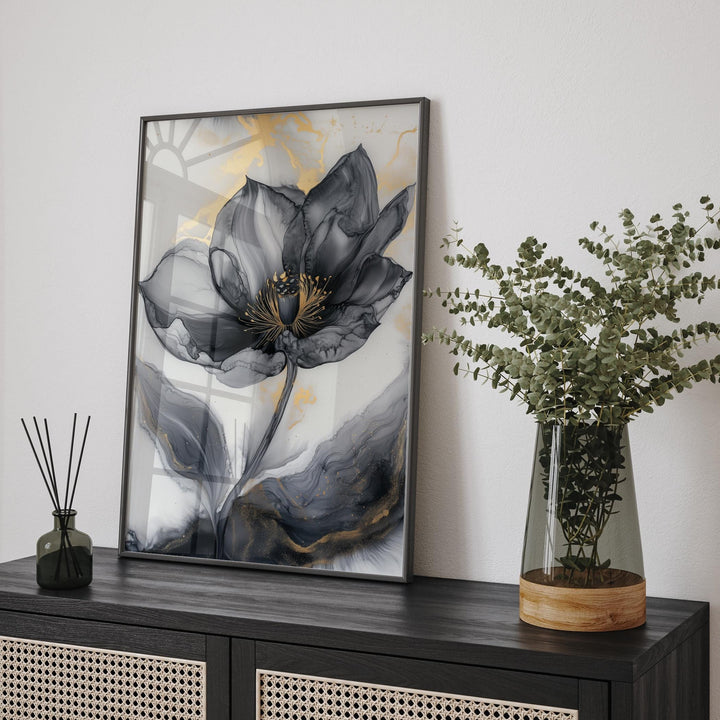 Black & Gold Abstract Flower Art | Elegant Botanical Print | Unique Decor for Office or Study