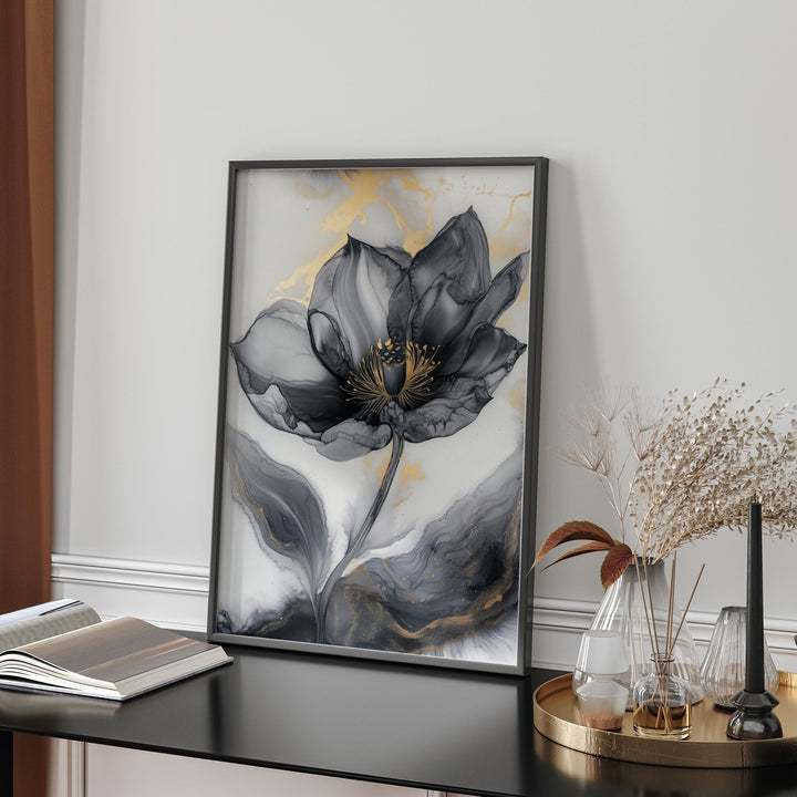 Black & Gold Abstract Flower Art | Elegant Botanical Print | Unique Decor for Office or Study