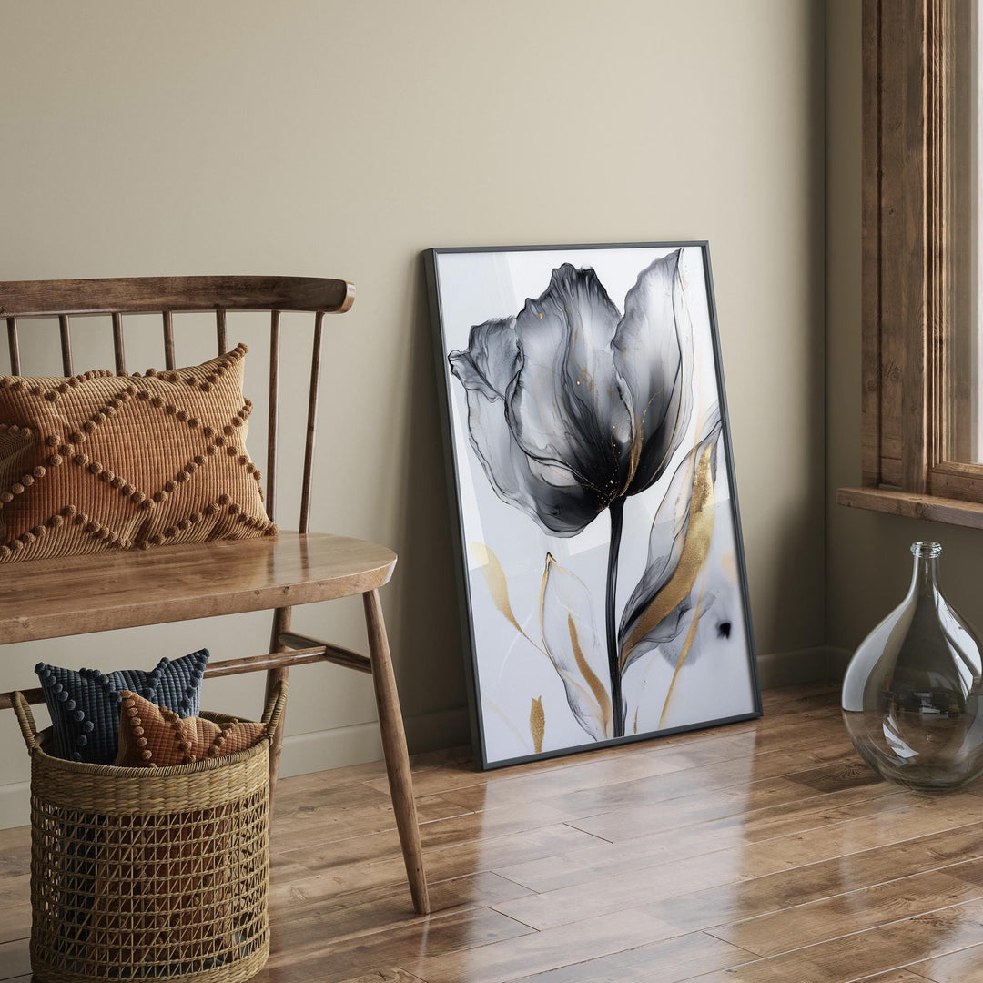 Black and Gold Sophisticated  Flower Wall Art | Chic Floral Print | Modern Decor for Bedroom