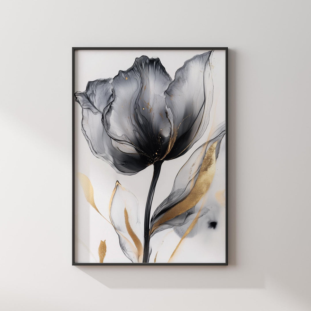 Black and Gold Sophisticated  Flower Wall Art | Chic Floral Print | Modern Decor for Bedroom