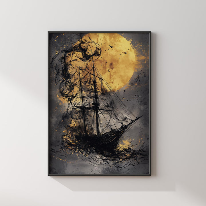 Black & Gold Ship Under Moonlight | Vintage Nautical Wall Art | Elegant Decor for Study or Office