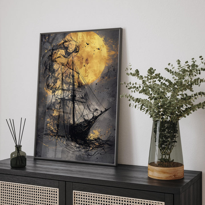 Black & Gold Ship Under Moonlight | Vintage Nautical Wall Art | Elegant Decor for Study or Office