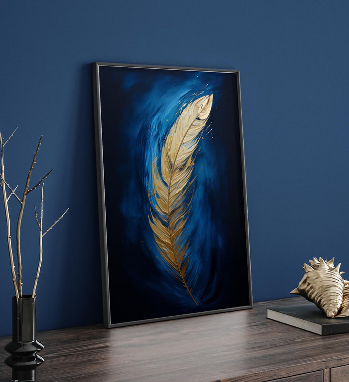 Blue and Gold Feather Wall Art | Elegant Abstract Print | Modern Decor for Living Room