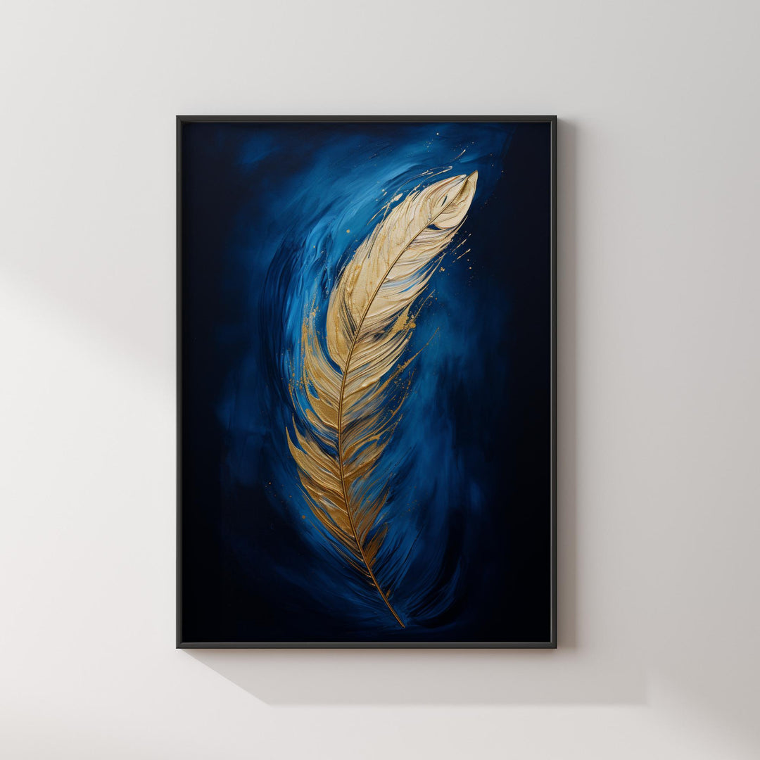 Blue and Gold Feather Wall Art | Elegant Abstract Print | Modern Decor for Living Room