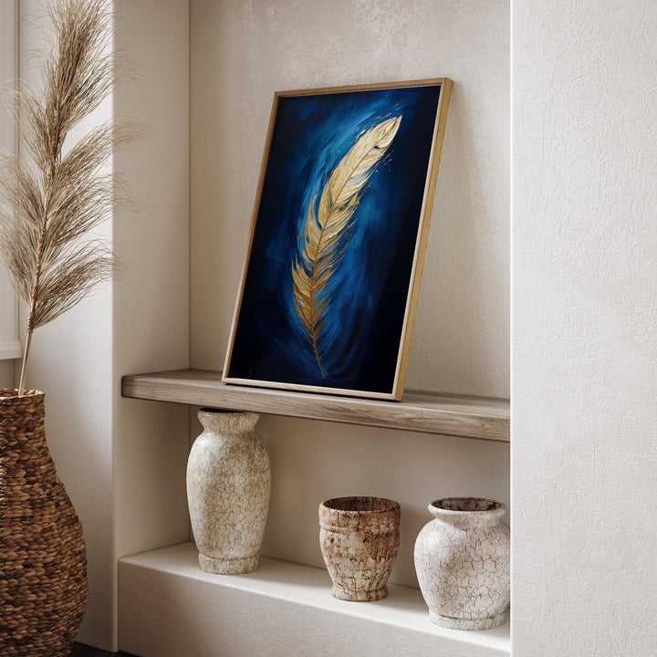 Blue and Gold Feather Wall Art | Elegant Abstract Print | Modern Decor for Living Room