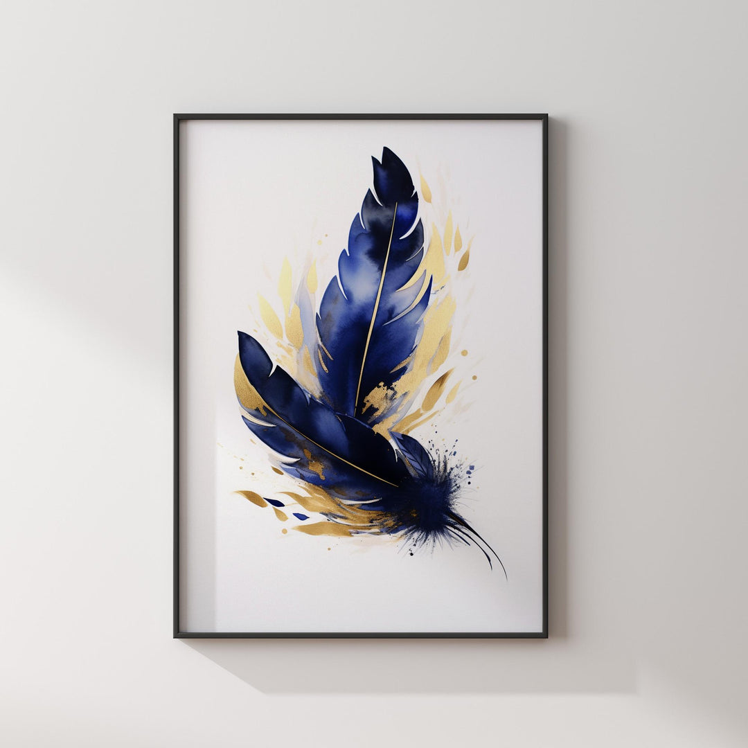 Blue and Gold Feather Art Print | Abstract Nature Wall Art | Luxury Decor for Living Room