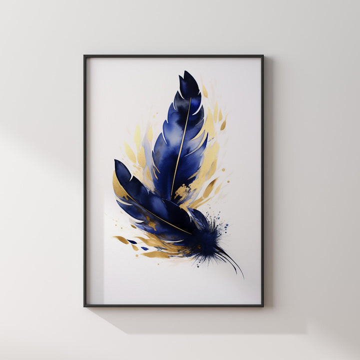 Blue and Gold Feather Art Print | Abstract Nature Wall Art | Luxury Decor for Living Room