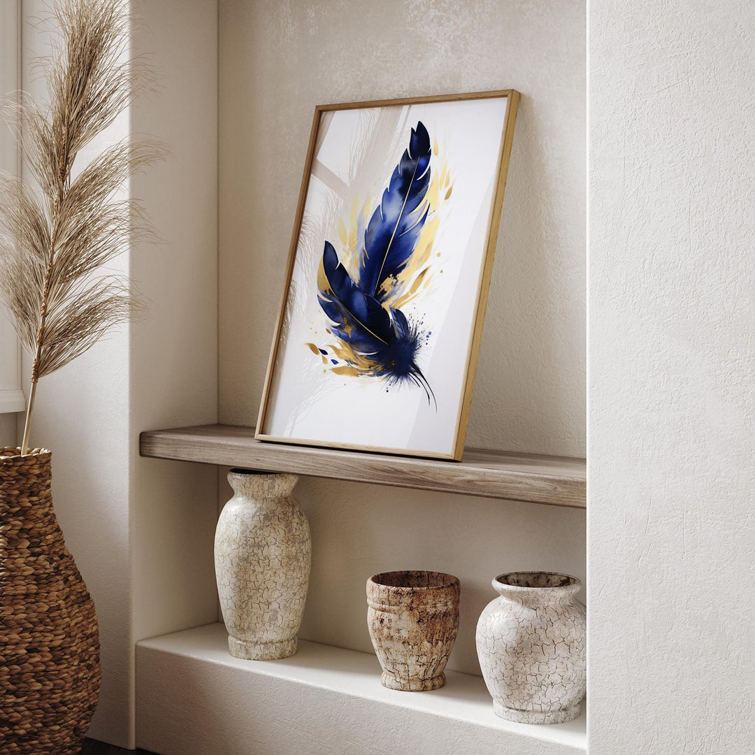 Blue and Gold Feather Art Print | Abstract Nature Wall Art | Luxury Decor for Living Room