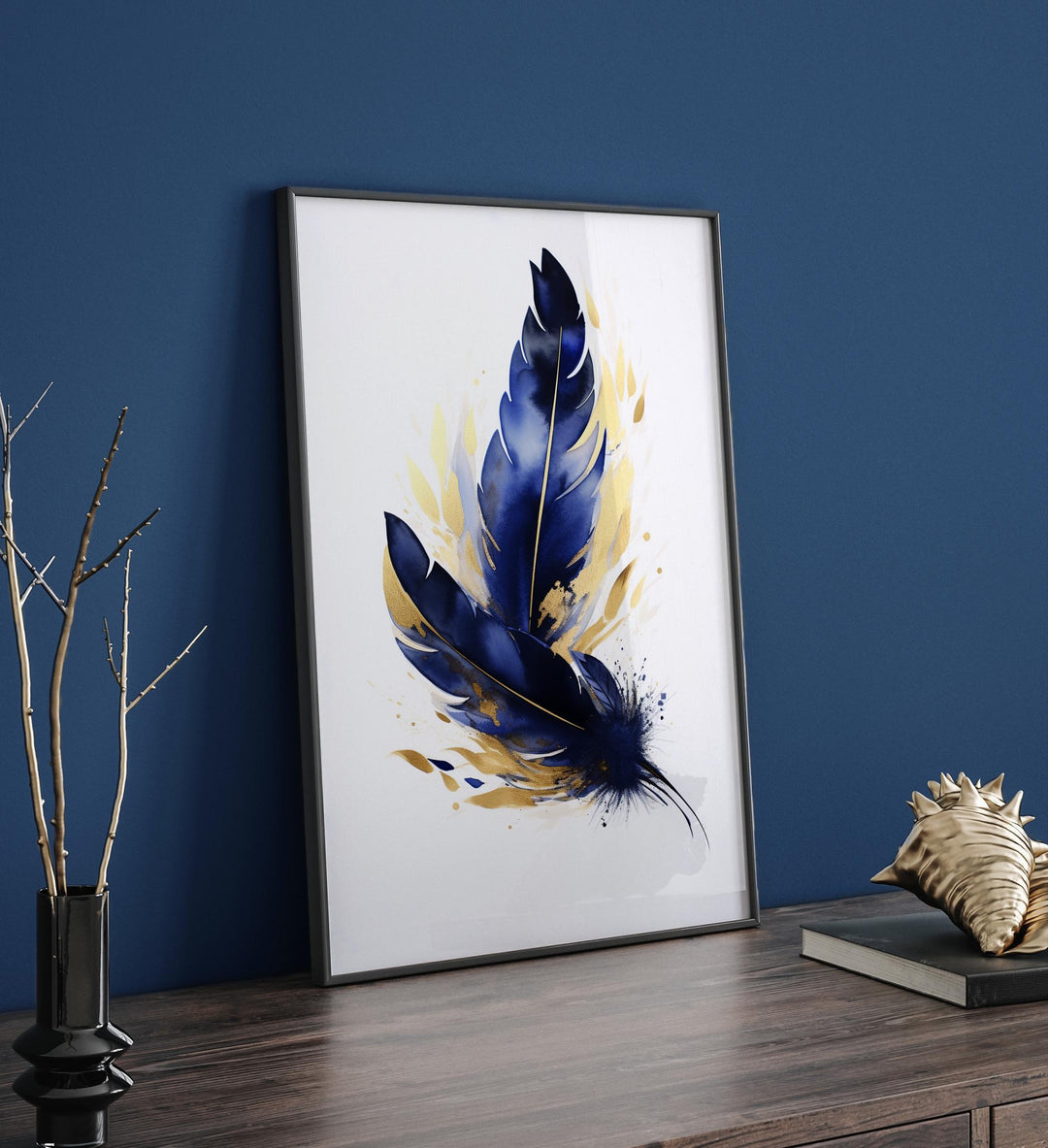 Blue and Gold Feather Art Print | Abstract Nature Wall Art | Luxury Decor for Living Room