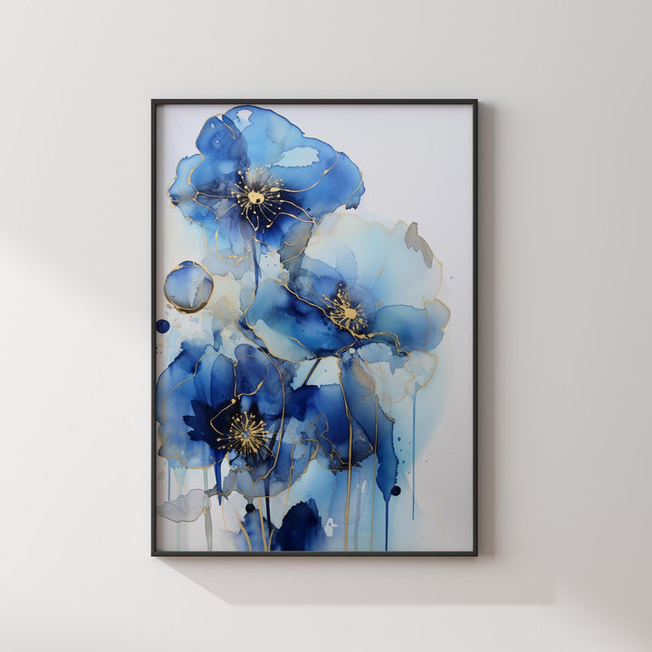 Blue and Gold Flower Wall Art | Elegant Floral Print | Modern Botanical Decor for Living Room