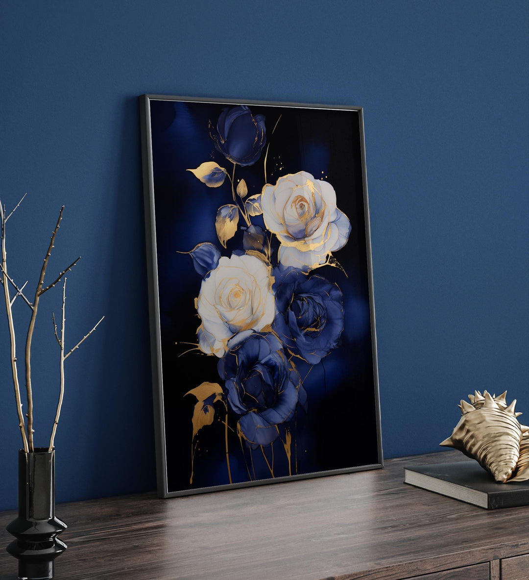 Gold and Blue Rose Art Print | Abstract Floral Wall Art | Elegant Decor for Office or Living Room